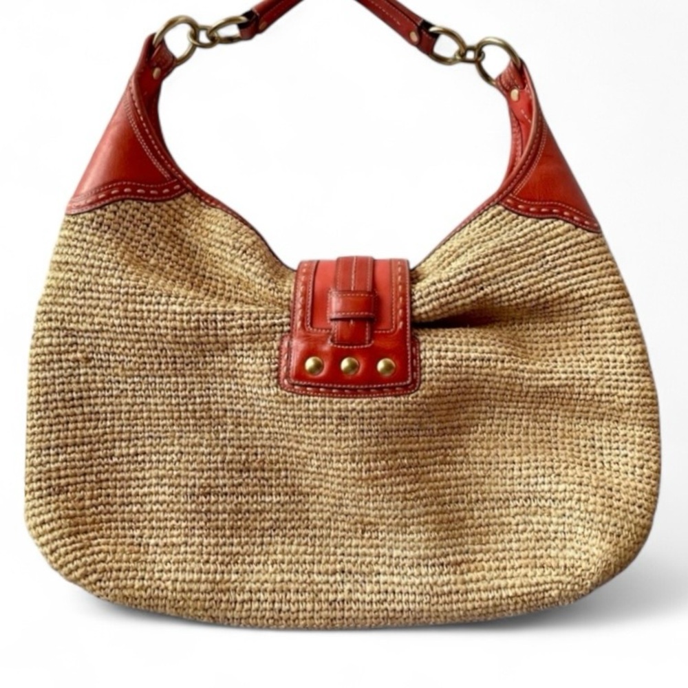 Coach XL Bleeker Millie Raffia Hobo Tote Bag F13374 Color Red and Tan - Picture 2 of 7